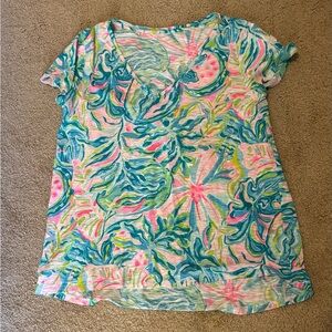 Lily Pulitzer Vibrant Tropical Print V-Neck Top in Teal, Pink & Lime